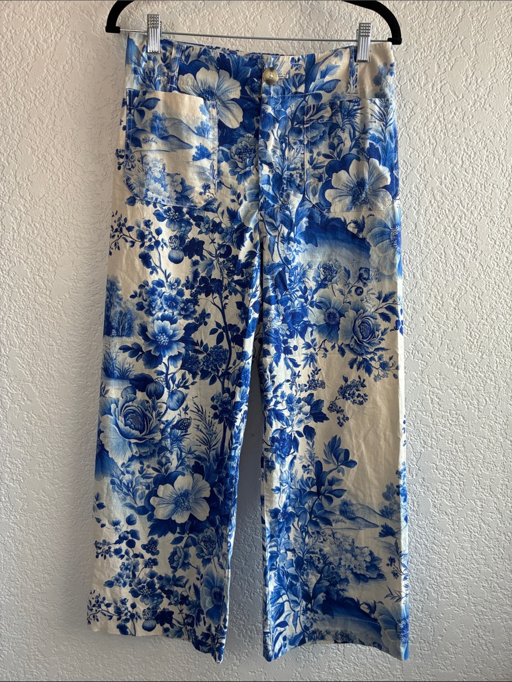 Maeve Colette Linen Wide Leg Cropped Pants Blue Floral Toile Anthropologie 27 - Picture 4 of 10